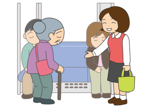 お年寄りに席を譲る女性