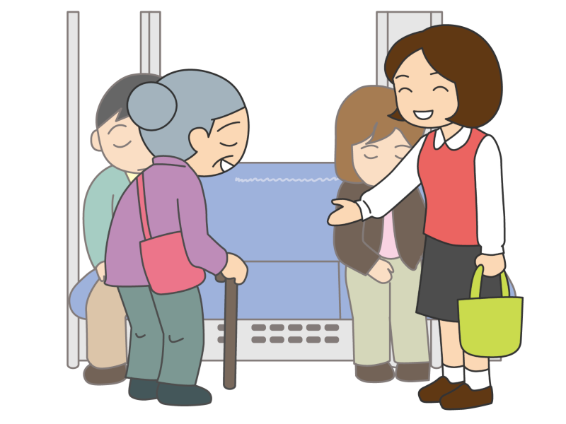 お年寄りに席を譲る女性