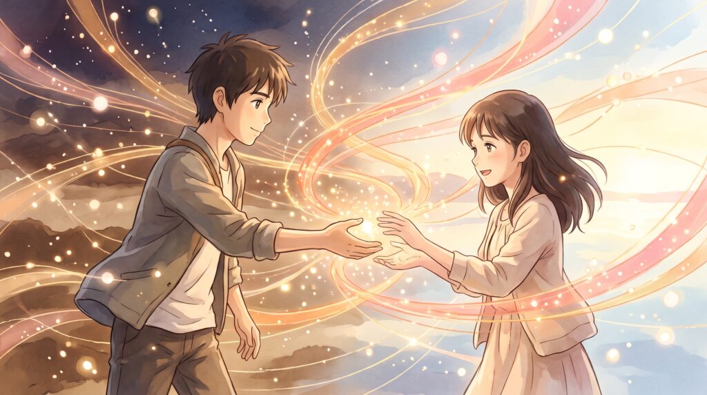手を差し伸べ合い、温かい光で繋がる男女を描いたアニメ風のイラスト