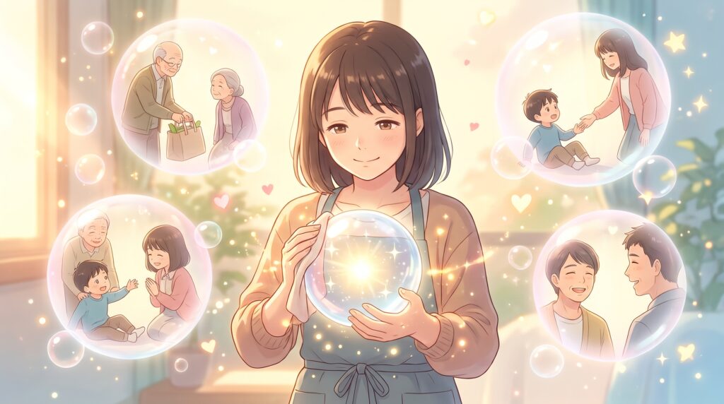 温かいアニメ風のタッチで、見返りを求めない思いやりの心（利他心）によって輝く魂を綺麗に磨き上げているイメージイラスト