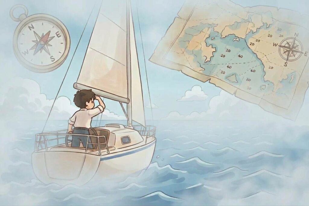 海を航行する小さなヨットと、背景に浮かぶ方位磁針や古い海図のイラスト