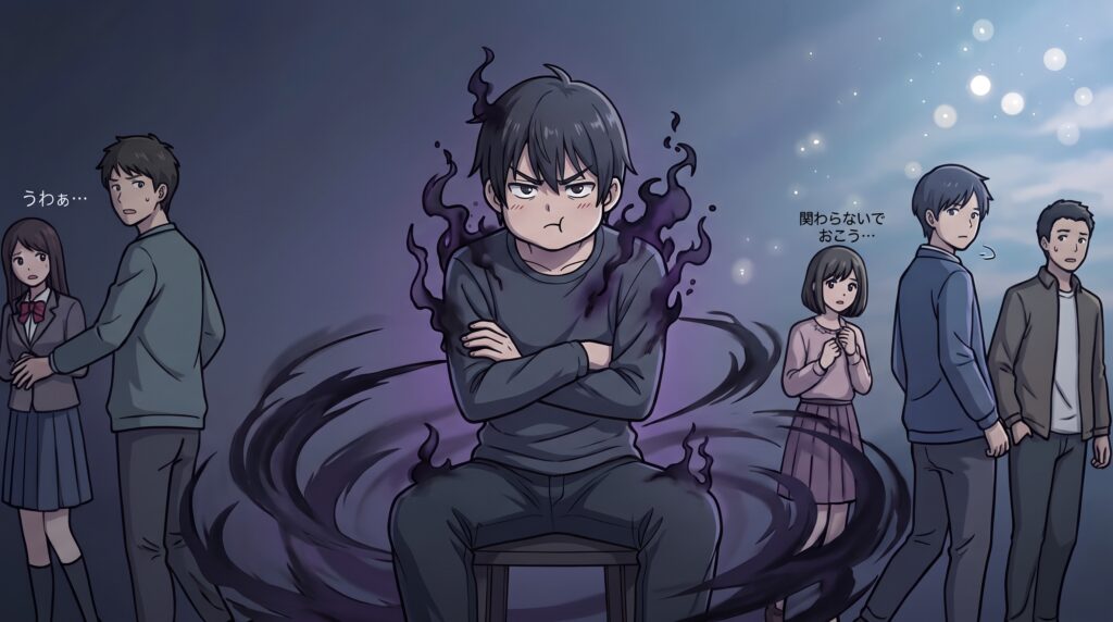 周りから孤立し黒いオーラを纏って閉じこもる人と距離を置く周囲の人々のイラスト