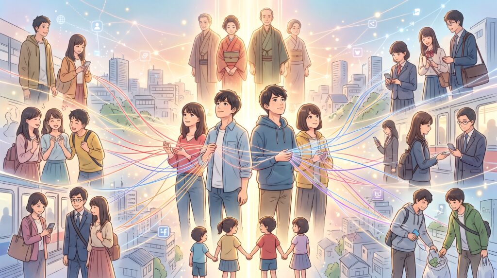 ご先祖から子孫へと繋がる縦の因縁と、SNSや日常生活で広がる横の因縁が複雑に結ばれた魂のネットワークを描いたイラスト