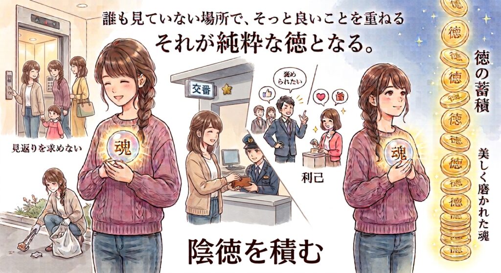 見返りを求めず良いことを重ねる「陰徳を積む」行動を解説する図解イラスト。ゴミ拾いや交番への財布の届出、エレベーターでの配慮など、純粋な利他行によって魂が磨かれ徳が蓄積される様子が描かれている。