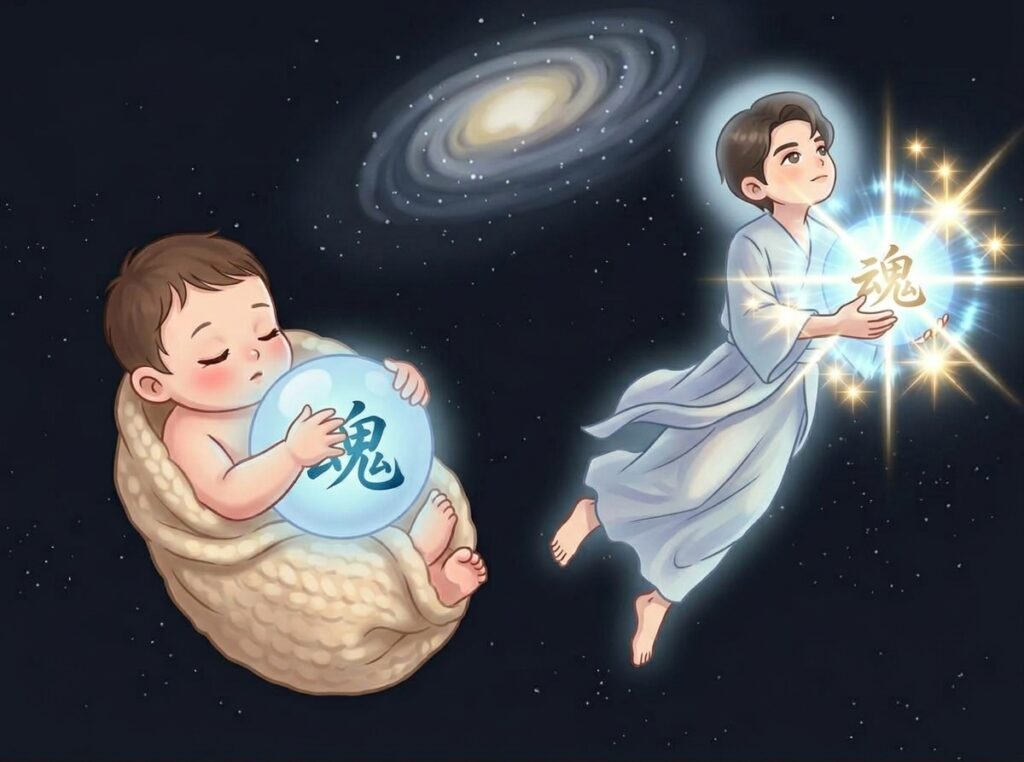 宇宙を背景に、赤ちゃんが羊毛の寝袋に包まれて青い球を抱き、もう一方で男性が白い衣をまとって光る青い球を両手で持っている。