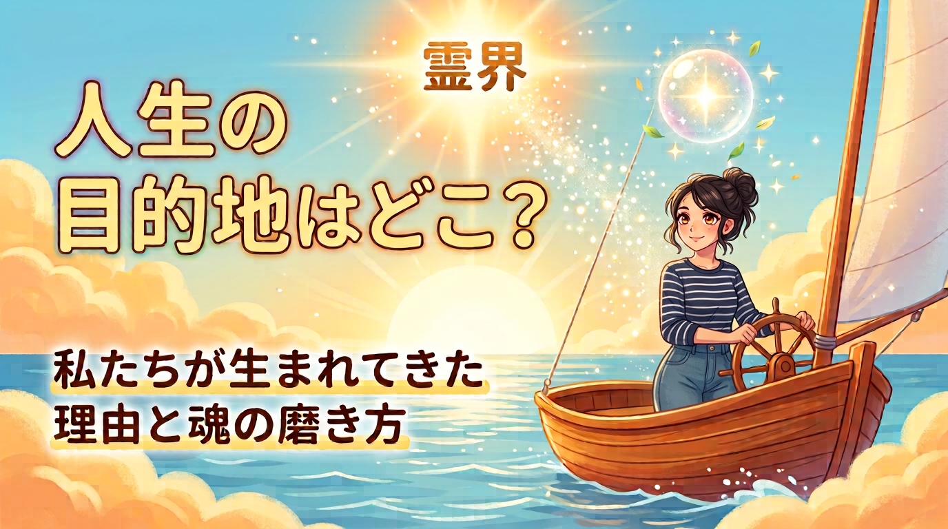 人生の目的地はどこ?私たちが生まれてきた理由と魂の磨き方。海上でヨットを操縦する女性と輝く魂を描いたアイキャッチ画像