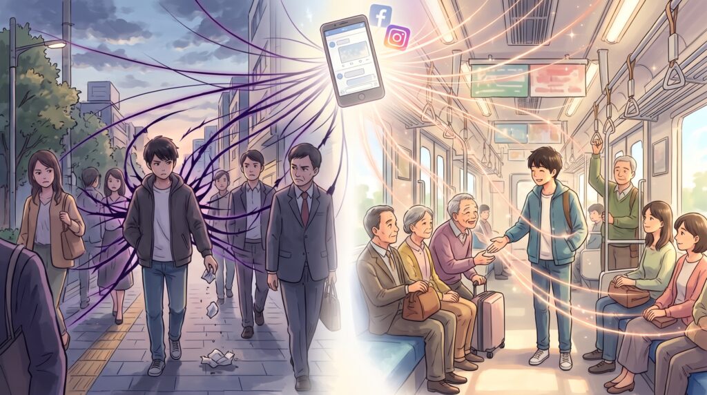 ポイ捨てやネットの炎上で生まれるマイナスの縁（暗い光）と、電車で席を譲る行いで生まれるプラスの縁（温かい光）を対比した日本アニメ風のイラスト
