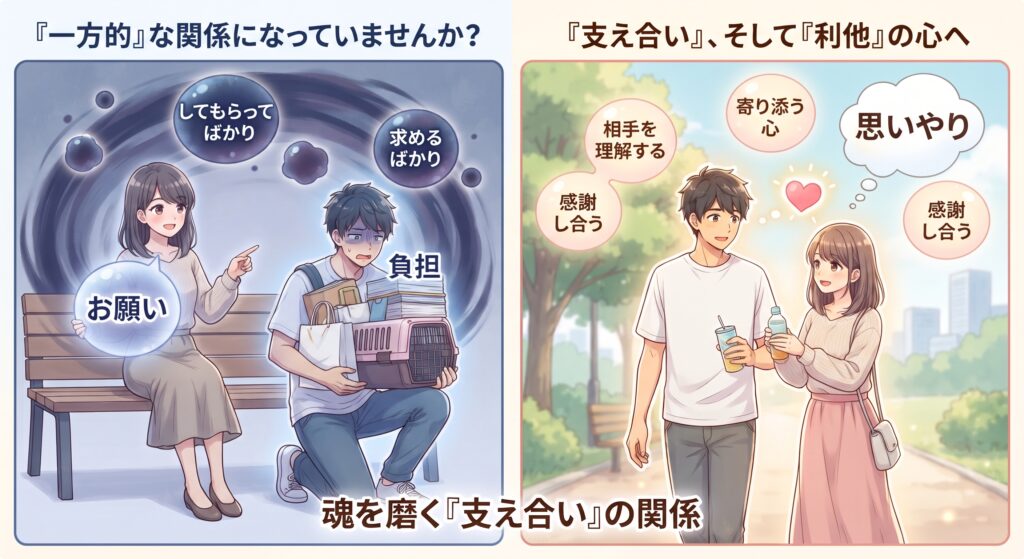 「一方的な関係」と「支え合い・利他の心による関係」を比較したイラスト。思いやりを持ち、お互いに支え合う人間関係の大切さを描いています。
