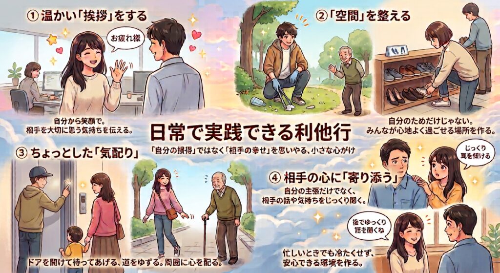 日常生活で実践できる利他行を解説する図解イラスト。「温かい挨拶」「空間を整える」「ちょっとした気配り」「相手の心に寄り添う」の4つの具体例が描かれている。