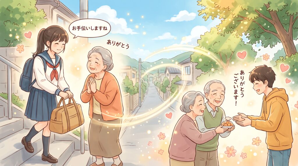 徳を積むことと因果の法則を表現したイラスト。親切と感謝の連鎖が巡る様子