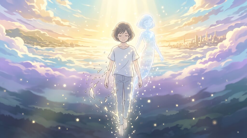 幽界から霊界へ向かう際、重い幽体が剥がれ落ちて清らかな霊体へと変化していく様子を描いたイラスト