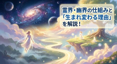 死後の世界である霊界・幽界の仕組みと、魂が生まれ変わる（転生する）旅路を描いた幻想的なイラスト