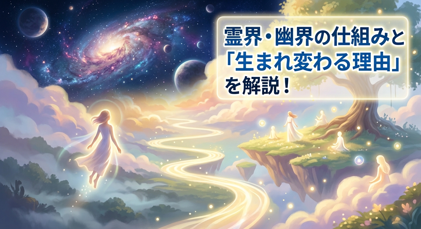 死後の世界である霊界・幽界の仕組みと、魂が生まれ変わる(転生する)旅路を描いた幻想的なイラスト