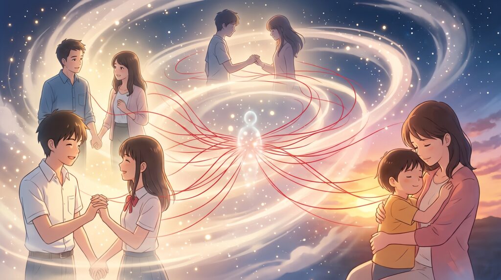 時空を超えて無数の赤い糸で繋がる魂と、友達や親子、社会人として再会する人々を描いたアニメ風のイラスト