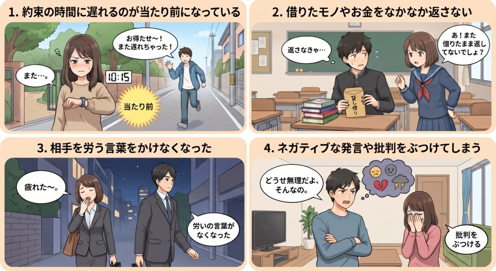 人間関係が悪化する時の特徴を描いた4コマ風イラスト。「約束の時間に遅れる」「モノやお金を返さない」「労いの言葉がない」「ネガティブな発言をする」の4つのシチュエーション。