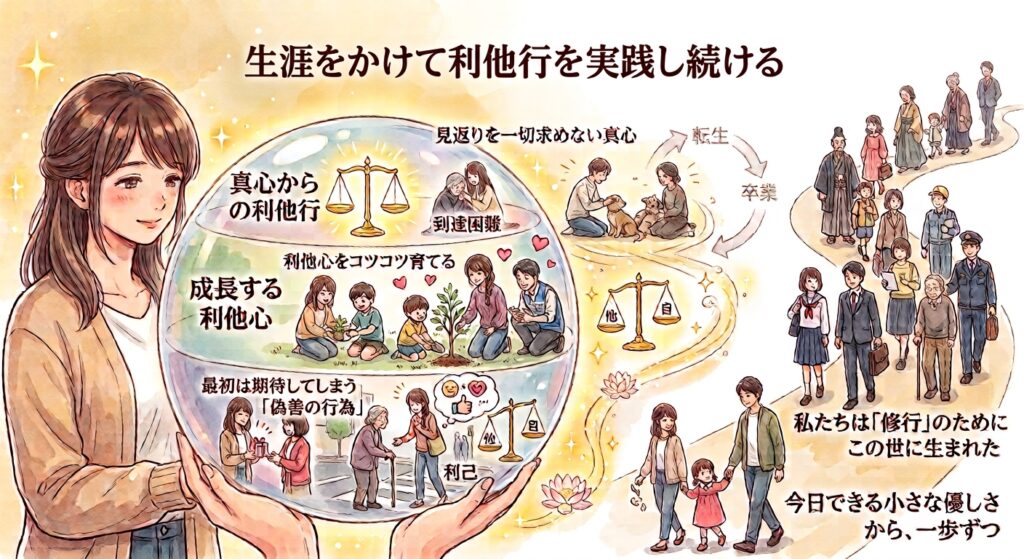 生涯をかけて利他行を実践し続ける大切さを解説する図解イラスト。偽善の行為から利他心への成長過程や、輪廻転生を通じた魂の修行、今日できる小さな優しさから始める一歩が描かれている。
