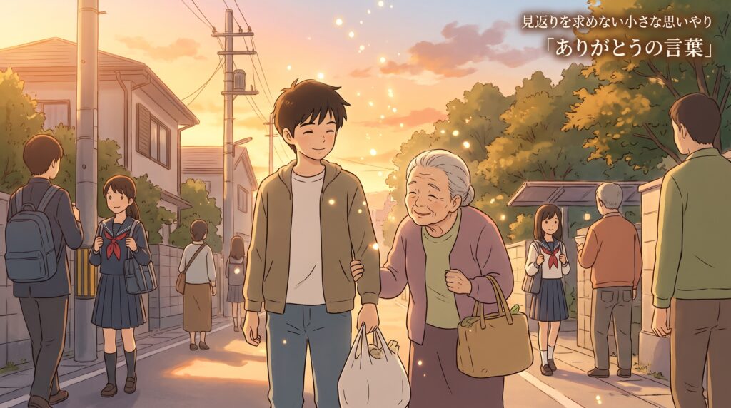 夕暮れの街で荷物を持つおばあさんに寄り添い、見返りを求めない思いやりと「ありがとう」の温かい心を表現した日本のアニメ風イラスト