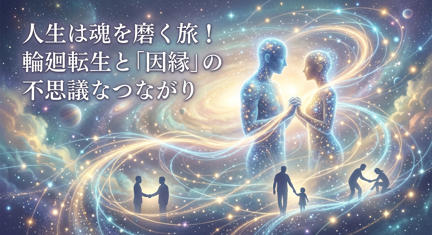 人生は魂を磨く旅！輪廻転生と「因縁」の不思議なつながり｜広大な宇宙と光の糸で結ばれた魂のイメージ
