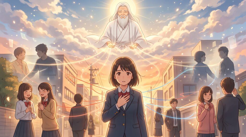街中で過去生や因縁の線で結ばれた人々を、天から温かく見守る神様の日本アニメ風イラスト