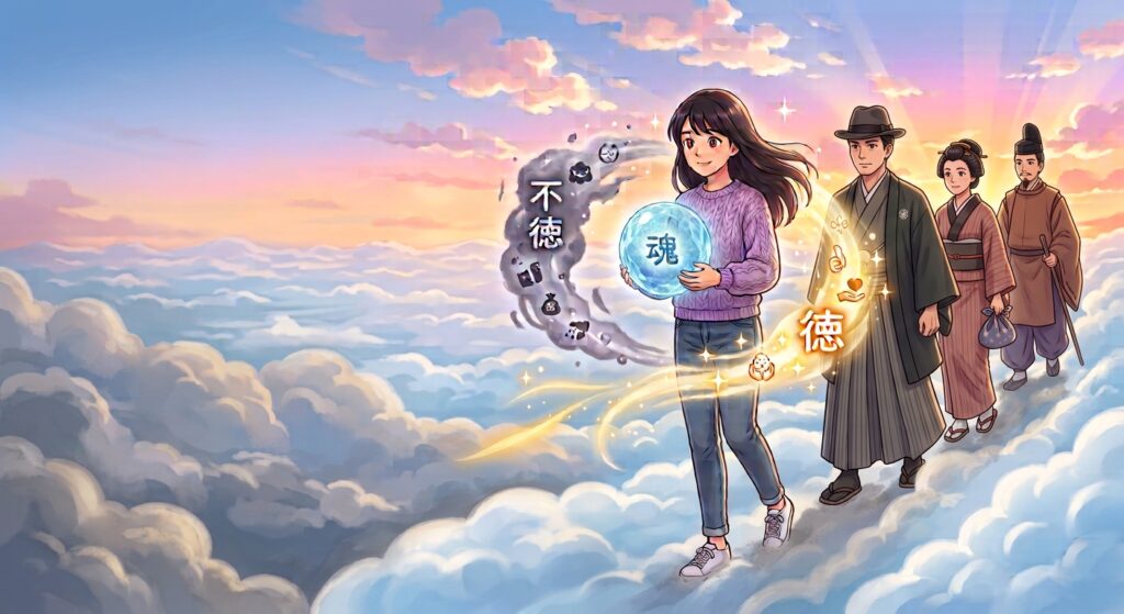 輪廻転生と魂の浄化を表したイラスト。球体の魂を抱えた女性の後ろに前世の姿が続き、徳と不徳を刻みながら未来へ歩む様子。