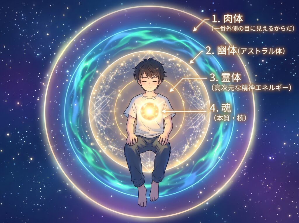 魂、霊体、幽体、肉体が多重構造で守られているイメージを図解したイラスト