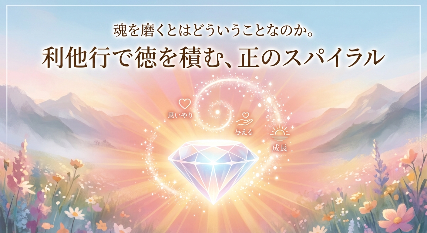 「魂を磨くとはどういうことなのか。利他行で徳を積む、正のスパイラル」と書かれた、輝くダイヤモンドと美しい自然風景が描かれたアイキャッチ画像