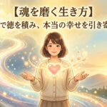【魂を磨く生き方】利他行で徳を積み、本当の幸せを引き寄せる方法をイメージした温かい光に包まれた女性のイラスト