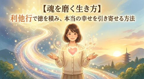 【魂を磨く生き方】利他行で徳を積み、本当の幸せを引き寄せる方法をイメージした温かい光に包まれた女性のイラスト