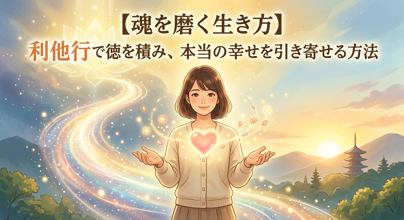 【魂を磨く生き方】利他行で徳を積み、本当の幸せを引き寄せる方法をイメージした温かい光に包まれた女性のイラスト