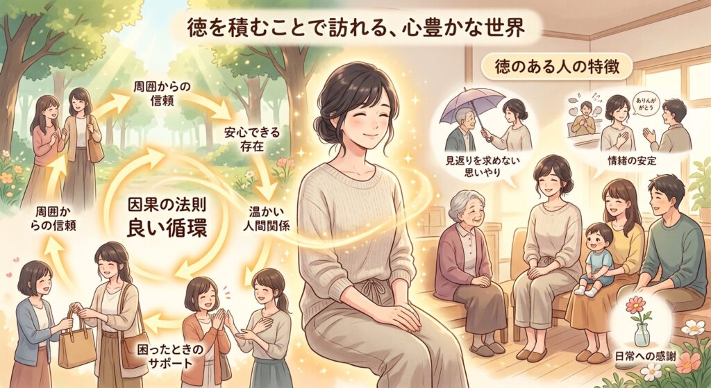 徳を積むことで訪れる心豊かな世界と、因果の法則による良い循環を解説する図解イラスト。