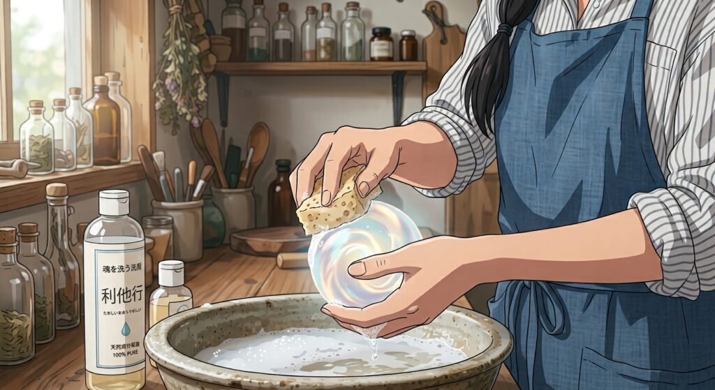 洗剤「利他行」とスポンジを使って、光る魂を洗う手元を描いたイラスト