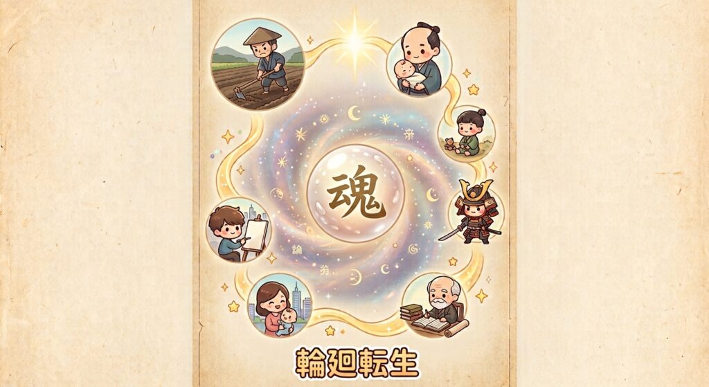 様々な人生のサイクルを描いた「輪廻転生」のイラスト。中央に「魂」の球体がある。