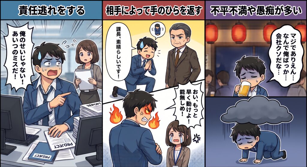 職場での困った人の特徴を描いた3コマ風イラスト。「責任逃れをする」「相手によって手のひらを返す」「不平不満や愚痴が多い」の3つのシチュエーション。