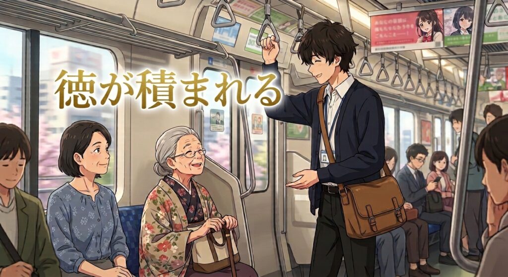 電車内で高齢者に席を譲る若者