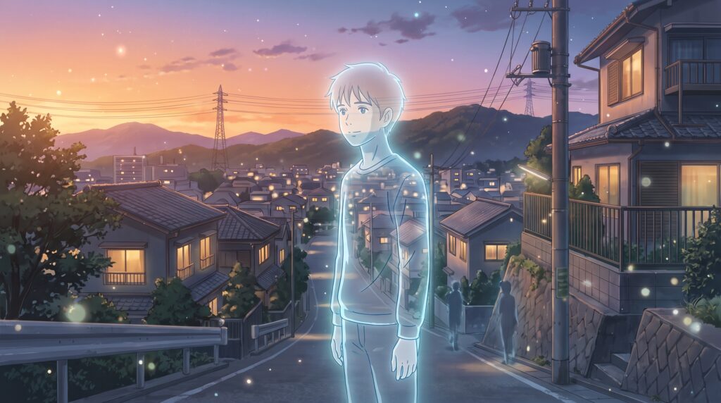 この世に似た夕暮れの街並みの中で、幽体となって佇み心を整える人物のイラスト